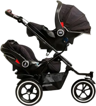 a black stroller with a baby in it