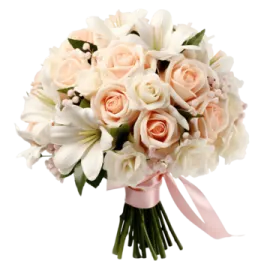 a bouquet of pink roses and white lilies