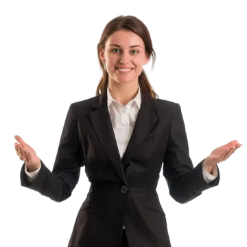 a woman in a business suit with her hands out