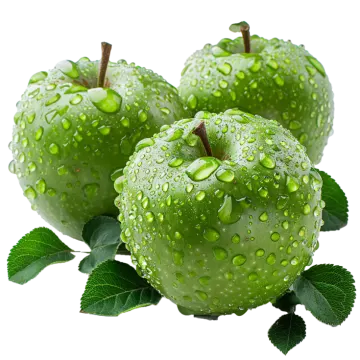 three green apples with water drops on them