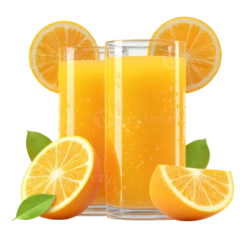 two glasses of orange juice with slices and leaves