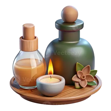 a bottle of oil and a candle on a wooden tray