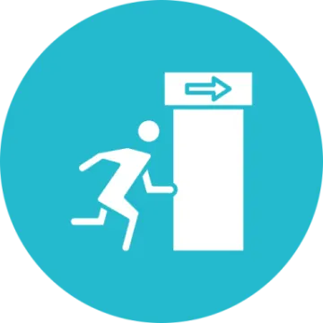 a blue circle with a white icon of a person climbing up the stairs