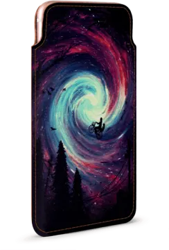 a phone case with a painting of a man riding a bike in the night sky