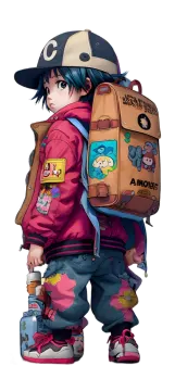 an anime character with a backpack on his back