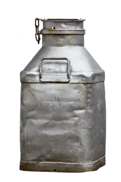 an old metal milk can on a white background