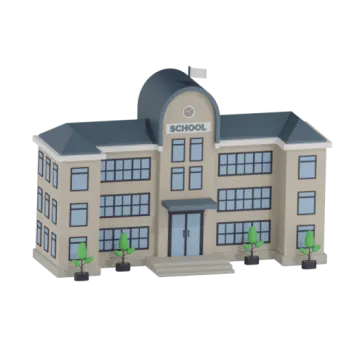 a school building with trees on the front