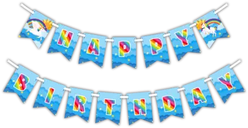 a happy birthday banner with rainbows and stars