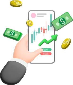 a hand holding a phone with money flying out of it