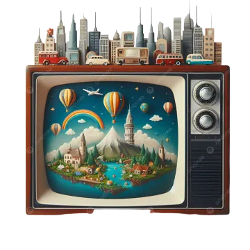 an old television set with a city in the background