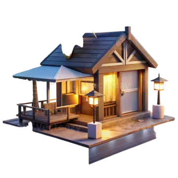 a small house with palm trees in the background