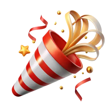 a red and white striped party hat with streamers