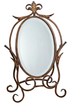 a wooden mirror on a stand with an ornate design