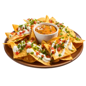 a plate of chips with dips and salsa sauce