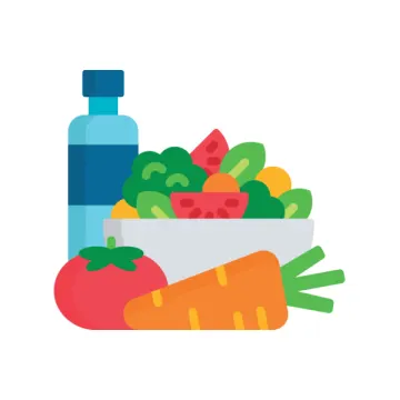 a bowl of vegetables and a bottle of water