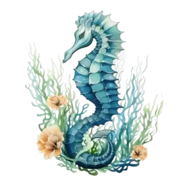 a blue seahorse sitting on top of some corals