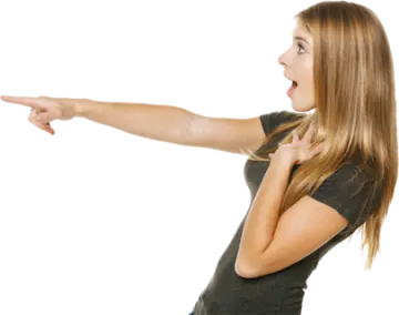 a woman pointing at something on a white background