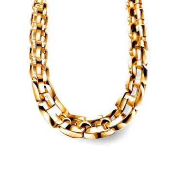 a gold necklace on a white background