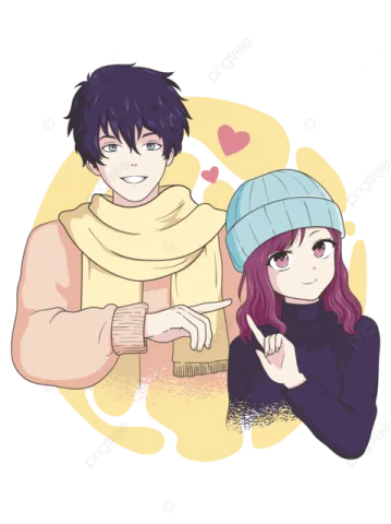 two anime characters, one with purple hair and the other with brown hair, are looking at each other character