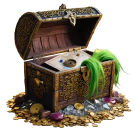 an open chest with coins and a green ribbon