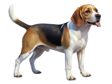 a brown and white dog standing on a white background