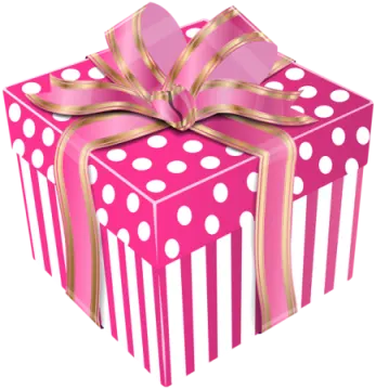 a pink gift box with gold ribbon and bow