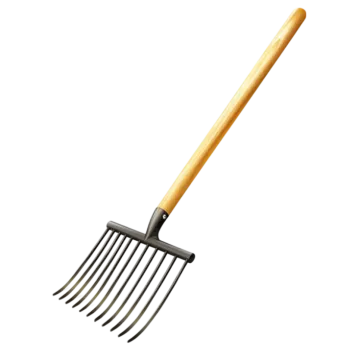 a black and yellow garden rake with wooden handle
