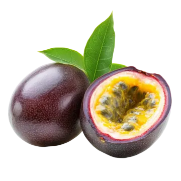 a passion fruit cut in half on a white background