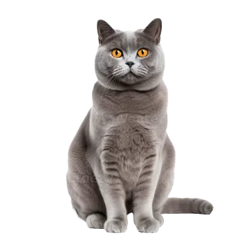 a grey cat sitting down and looking at the camera