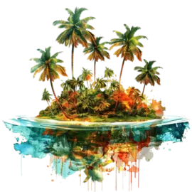 an island with palm trees and watercolor splashs