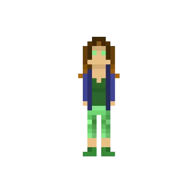 a woman in a blue shirt and green pants