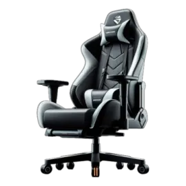 a black and white gaming chair on a white background
