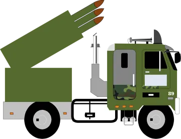 an army truck with a missile in the back
