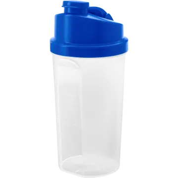 a plastic shaker with a blue lid