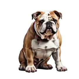 a brown and white dog sitting on the ground