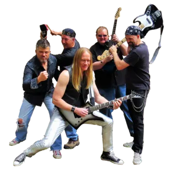 a group of men with guitars posing for the camera