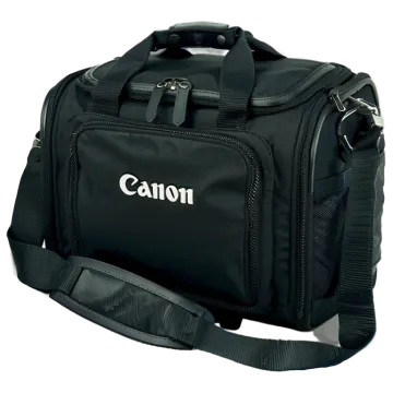 a black camera bag with the word canon on it