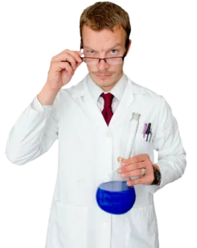 a man in a white lab coat holding a test tube