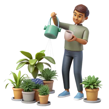 a man watering plants with a watering hose