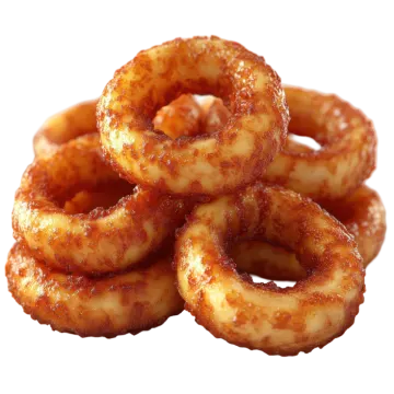 a pile of onion rings on a white background