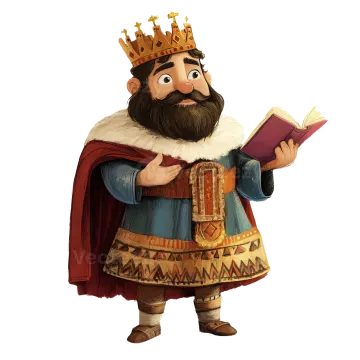 a cartoon character wearing a crown and holding a book