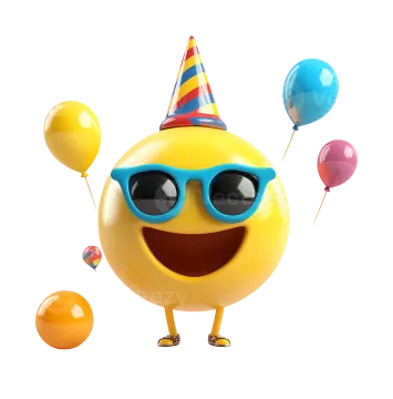 a smiley wearing sunglasses and a party hat with balloons