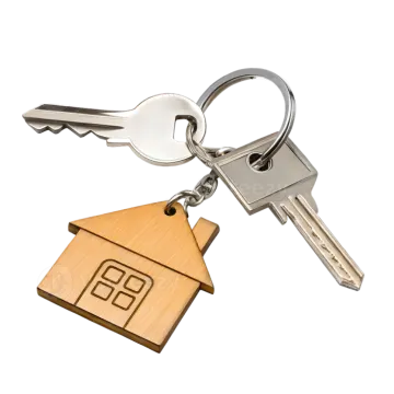 a wooden keychai with a house shaped keyring
