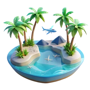 an island with palm trees and a dolphin