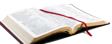 an open book with a red ribbon around it