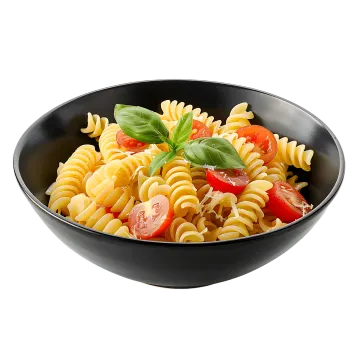 a bowl of pasta with tomatoes and basil