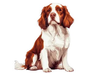 a brown and white dog sitting on a white background