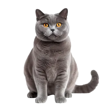 a grey cat sitting down and looking at the camera