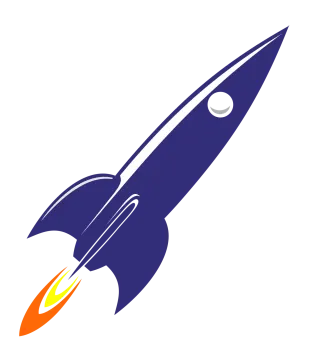 a blue and orange rocket with a white background