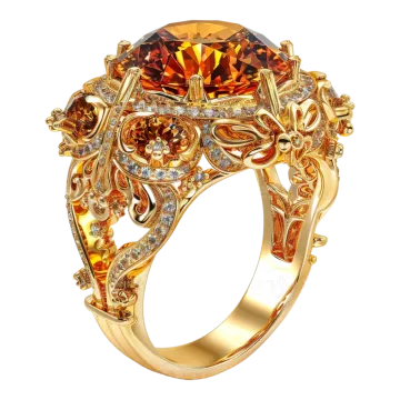 a gold ring with an orange topazte surrounded by diamonds